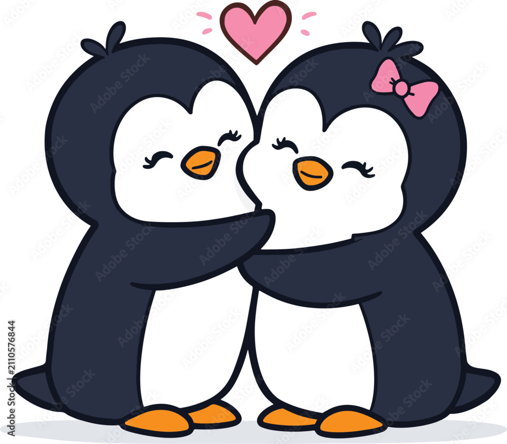 Fototapeta premium Cute Cartoon Penguins Hugging with Hearts Love Vector Illustration