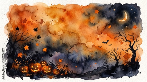 Watercolor halloween scene with jackolanterns and spooky trees