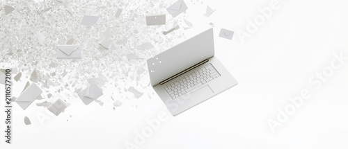 Digital Mail Transition: A minimalist composition showing a laptop computer next to a cloud of dissolving envelopes, symbolizing the shift from traditional mail to digital communication.
