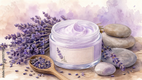 Jar of lavender cream with dried lavender and spa stones