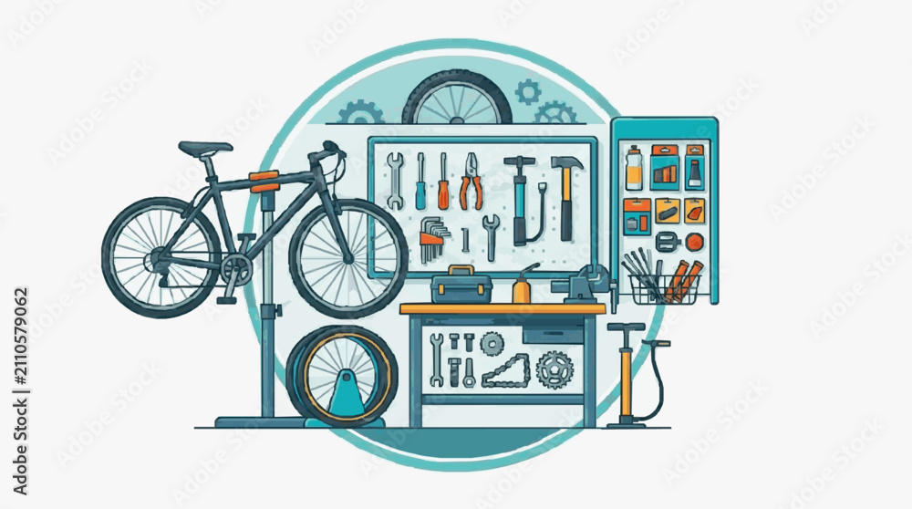 Obraz premium Cyclists Workshop Tools and Gear Setup.