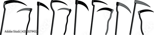 Fotografie Set of various grim reaper scythe silhouettes with different handle styles isola