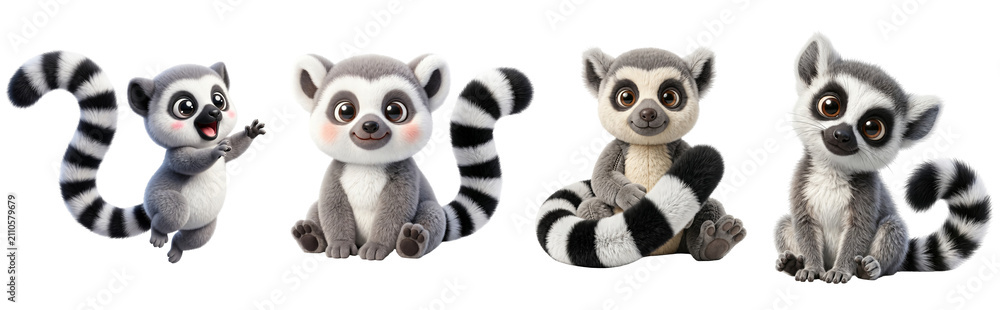 Obraz premium Four cute cartoon lemurs with striped tails set with large expressive on transparent background