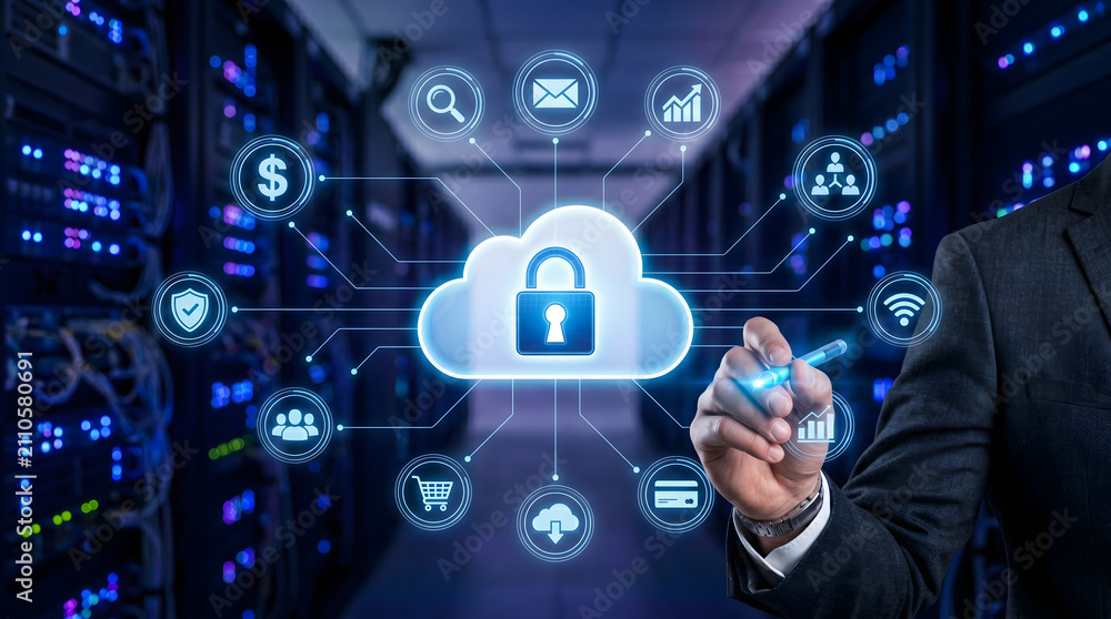 Fototapeta premium Hand interacting with cloud security interface in data center with interface against server displays hand touching server room background touching digital