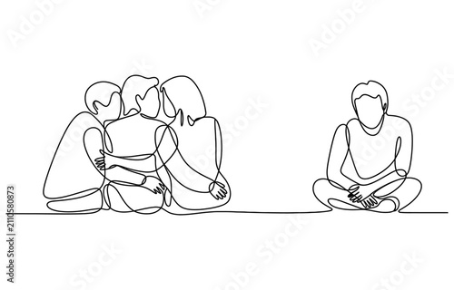 Group of friends hugging while one person sits alone feeling sad and left out in a continuous line art drawing Vector, illustration