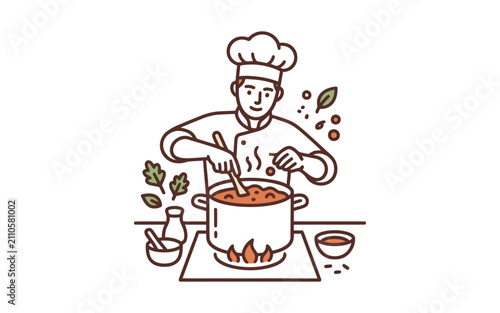 Chef Cooking in Pot Vector Illustration