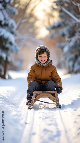 A young, smiling child bundled in warm winter clothing sits on a wooden sled, racing down a snow-covered path. Snowy trees line the sides