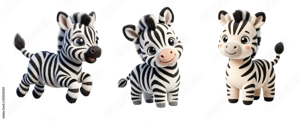 Obraz premium Three cute cartoon zebra characters standing isolated with eyes soft fur on transparent background