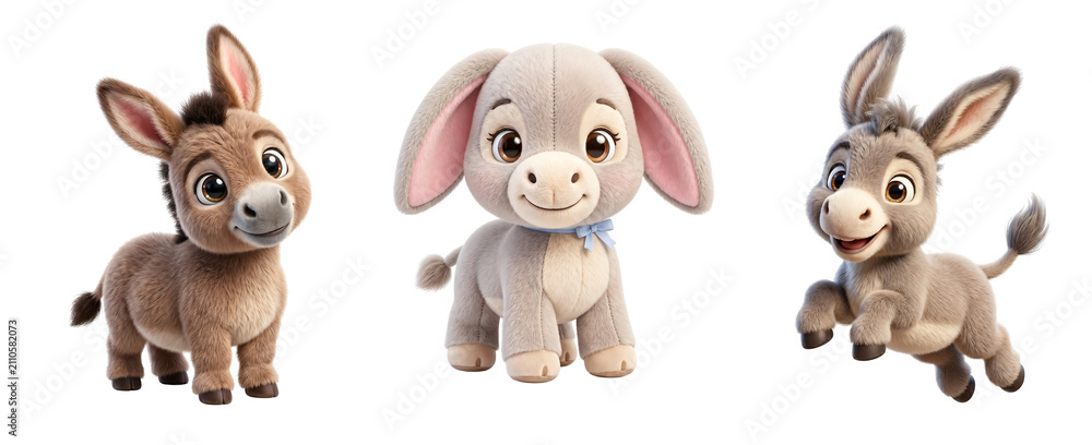 Fototapeta premium Three cute cartoon donkeys with friendly expressions with eyes soft fur on transparent background