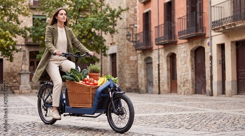 Professional cyclist moves electric bike with fresh groceries in European street.