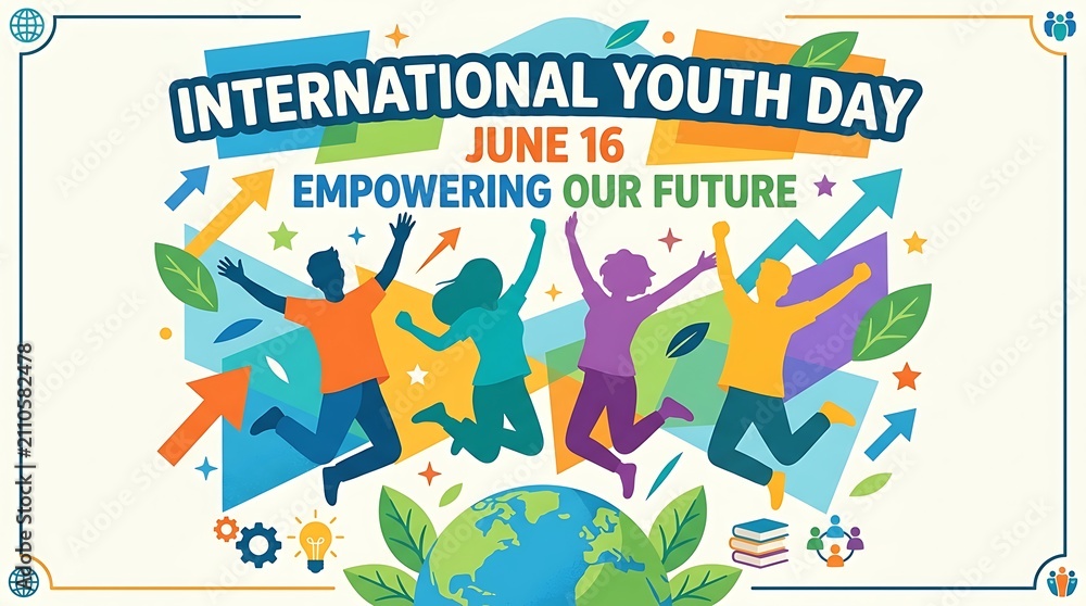 Obraz premium International Youth Day poster design with happy jumping people celebrating and empowering our bright future together