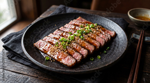 Romantic candlelight dinner for two with beef steak and red wine in a cozy luxury restaurant.