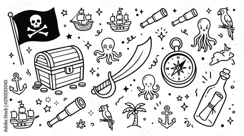 Pirate Adventure Doodle Collection Black and White Vector Set