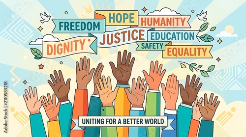 Group of diverse people raising hands together with banners of hope freedom justice equality and human rights