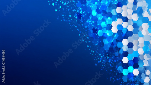Abstract Blue Geometric Hexagon Pixel Dispersion Background with Glowing Particles for Data and Science