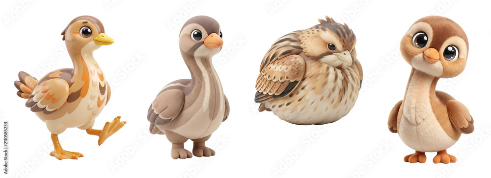 Fototapeta premium Four cute cartoon bird characters standing isolated with distinct on transparent background