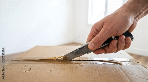 Person using utility knife to open cardboard delivery box at home