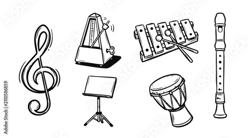 Hand Drawn Musical Instruments and Symbols Doodle Vector Set
