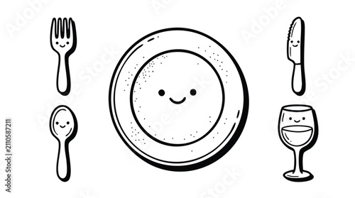 Cute Tableware Doodle Icons Black and White