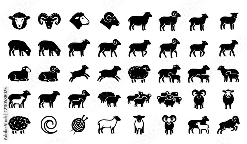 Sheep and Ram Black White Silhouette Icon Collection Featuring Lamb Ewe Wool and Farm Livestock Animals