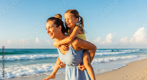 Happy mother giving piggyback ride to small daughter on sunny ocean beach