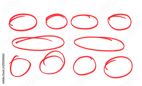 Hand drawn red circle highlight pack with marker brush strokes isolated on transparent background.