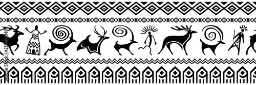 Принти на полотні Ethnic seamless border on the theme of rock paintings, petroglyphs and geometric
