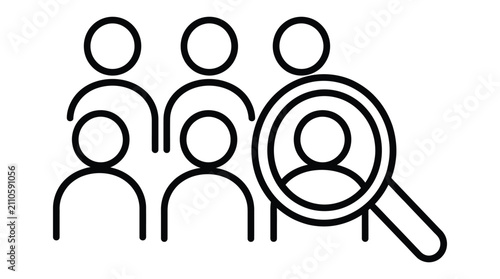 A group of people icon with one person highlighted inside a magnifying glass for search