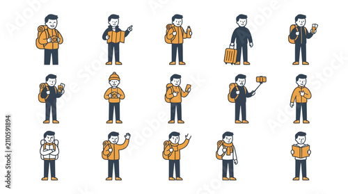 Collection of Diverse Male Characters in Casual Outdoor Clothing Poses.