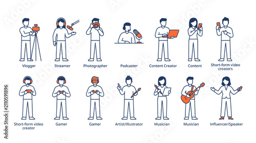 Collection of Diverse Professionals and Hobbyists Illustrated in a Simple Line Art Style.