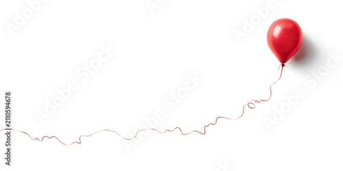 A single red balloon floats upwards with a long, flowing pink ribbon against a white background.