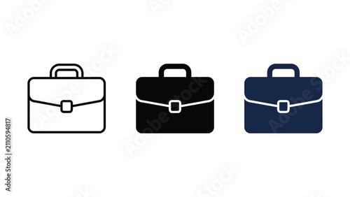 Set of three briefcase icons in outline solid and dark blue styles with business