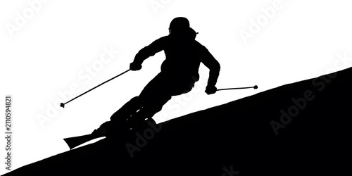 Silhouette of a skier descending a snowy slope with ski poles.