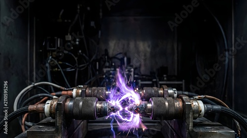 Electric arc jumping between two metal electrodes in a dark laboratory