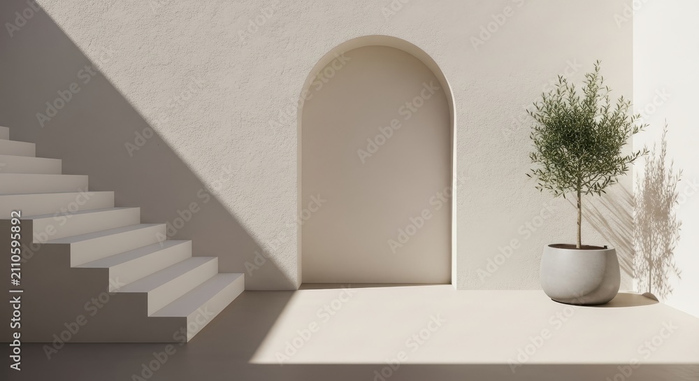 Fototapeta premium Minimalist Modern Architecture Scene with Arched Niche, White Stairs, and Olive Tree in Pot under Bright Sunlight