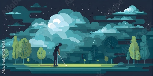 Golfer practicing on a golf course under a full moon at night.