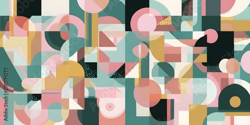 Abstract geometric pattern with circles, squares, and arcs in pastel colors.