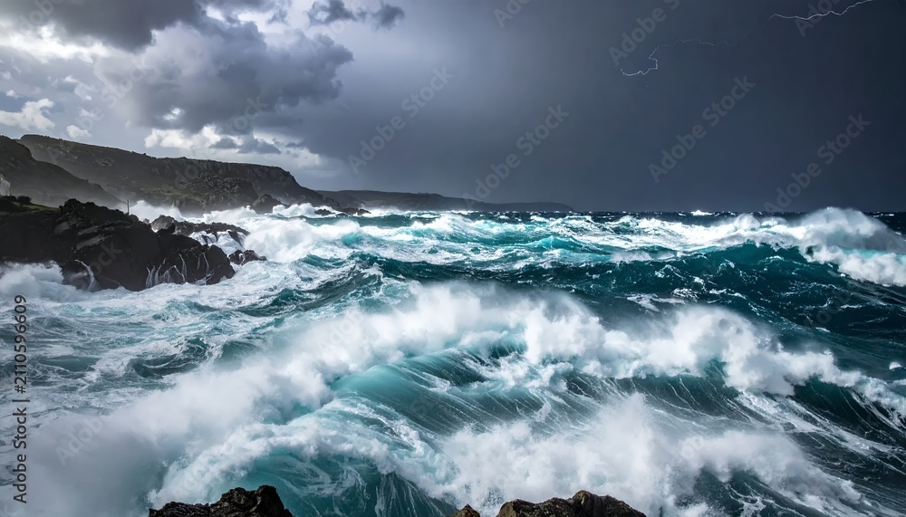 Obraz premium Dramatic Stormy Ocean Waves Crashing Against Rocky Coastline Under Dark Clouds.