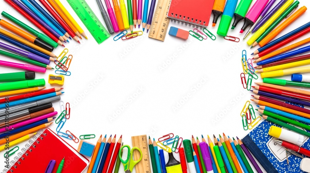 Obraz premium Vibrant Assortment of School Supplies Arranged in a Circular Frame on a White Background, Ideal for Educational Content and Creative Projects