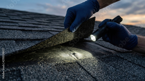 Roof inspection holding flashlight checking shingle damage outdoors