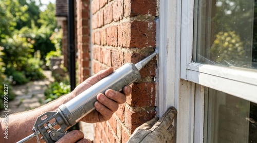 Man applying silicone sealant to window frame exterior brick wall