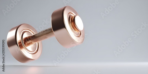 A single, gleaming rose gold dumbbell floats against a soft, neutral background.