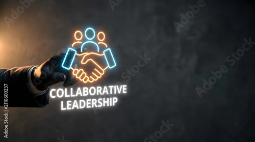 Business leader touching glowing neon collaborative leadership icon representing teamwork success