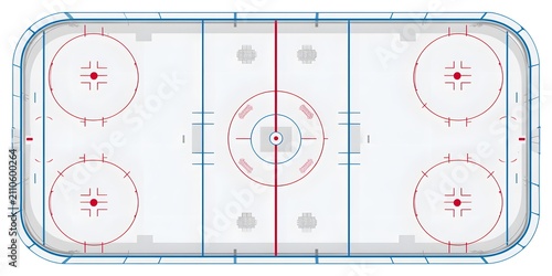 Top-down view of a clean, empty ice hockey rink with markings.