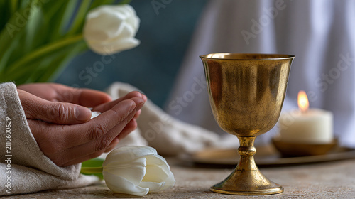 Close-up of golden chalice with soft prayerful hands and white tulip flowers