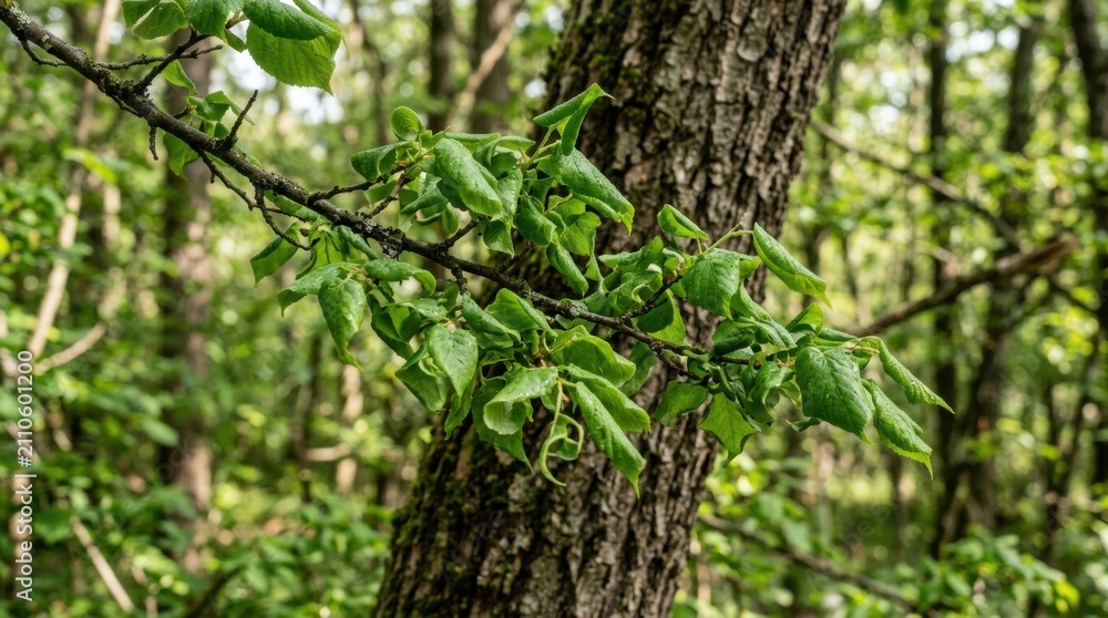 Fototapeta premium Close-up of vibrant green leaves on textured tree Red cedar branch, highlighting the rich color