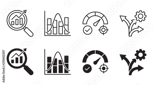Business performance indicators and strategic planning icon set for analysis with business performance indicators