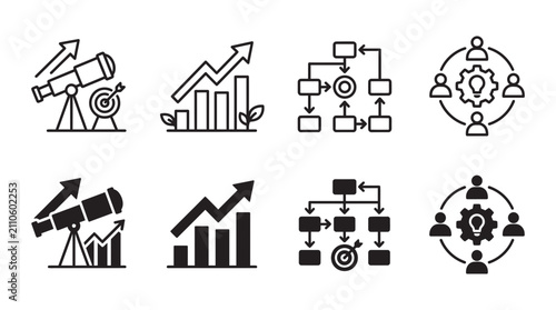 Business planning and strategic development icon set featuring telescopes flowcharts and team collaboration, planning