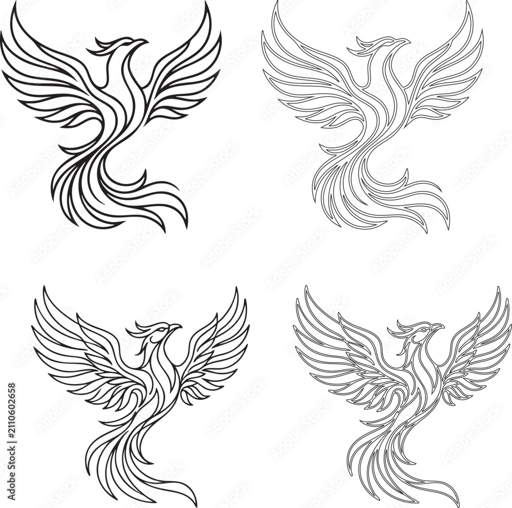 Fototapeta premium Phoenix, Elegant flying bird logo design in mid-flight. Minimalist vector illustration of soaring avian symbol for branding and identity.