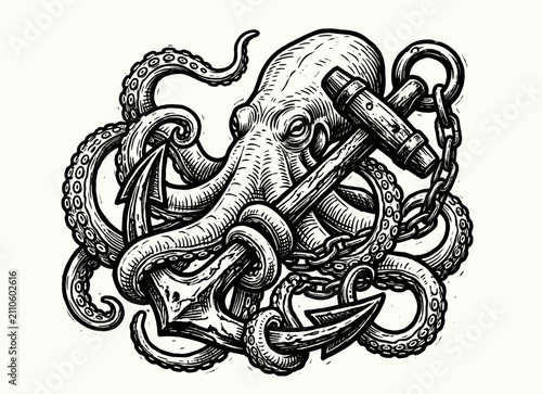 Photography Octopus wrapped around anchor with detailed tentacles, vintage engraved illustra